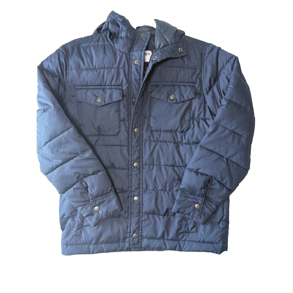 Old Navy Boys Puffer Jacket Size L 10-12 Blue Hooded Water Resistant Winter Coat